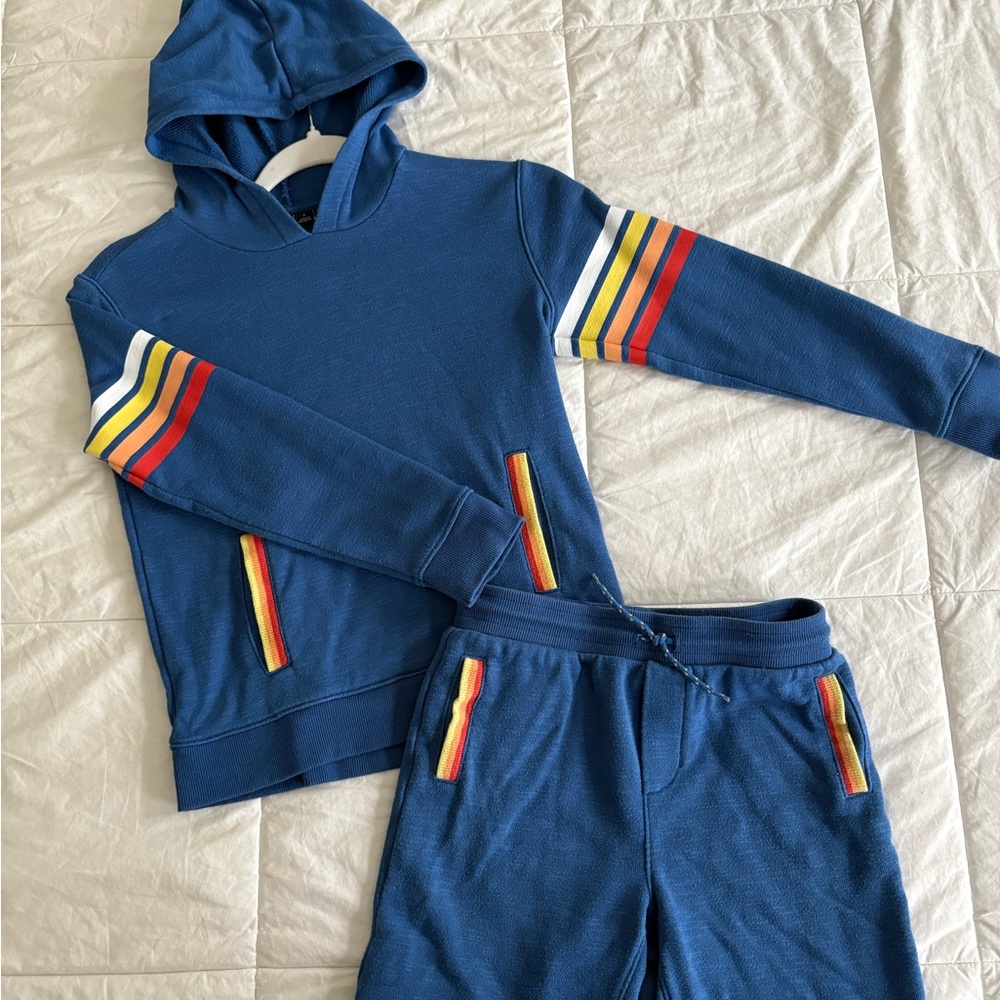 Janie & Jack Blue Hoodie and Jogger shorts Set with Striped Accents